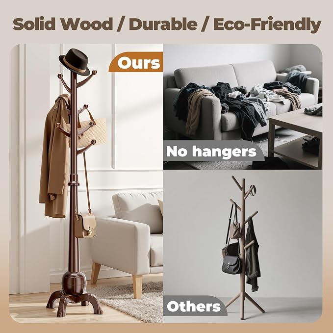 Wood Coat Rack Freestanding, Solid Wooden Hall Tree - Image 5