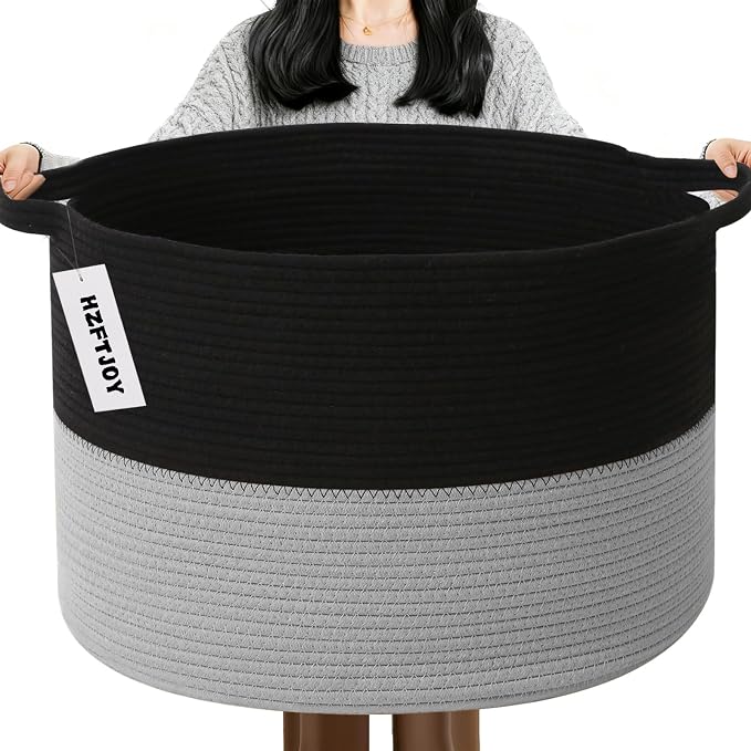 Large Storage Basket with Handle, 23.6" x 23.6" x 15.7" Blanket Basket Storage by HZFTJOY