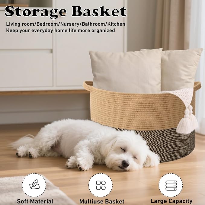 Large Storage Basket with Handle, 19.7" L x 19.7" W x 13" H Blanket Basket - Image 4