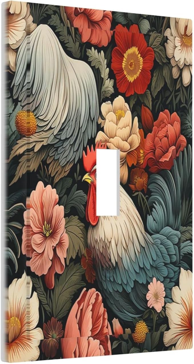 Decorative Light Switch Cover Rooster Flowers Red White Chicken Floral 1 Gang - Image 2