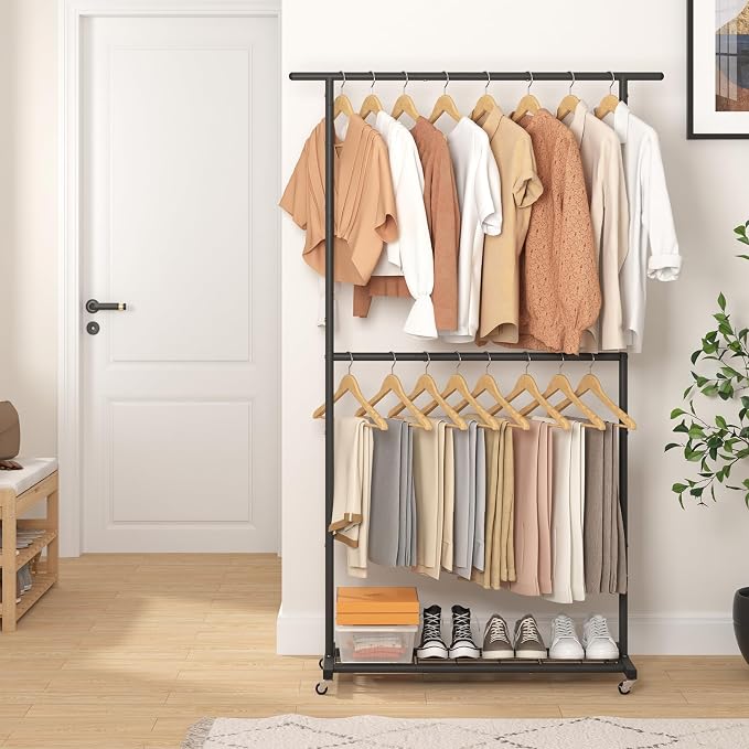 Sywhitta Double Rod Clothing Garment Rack, Rolling Coat Hanger - Image 6