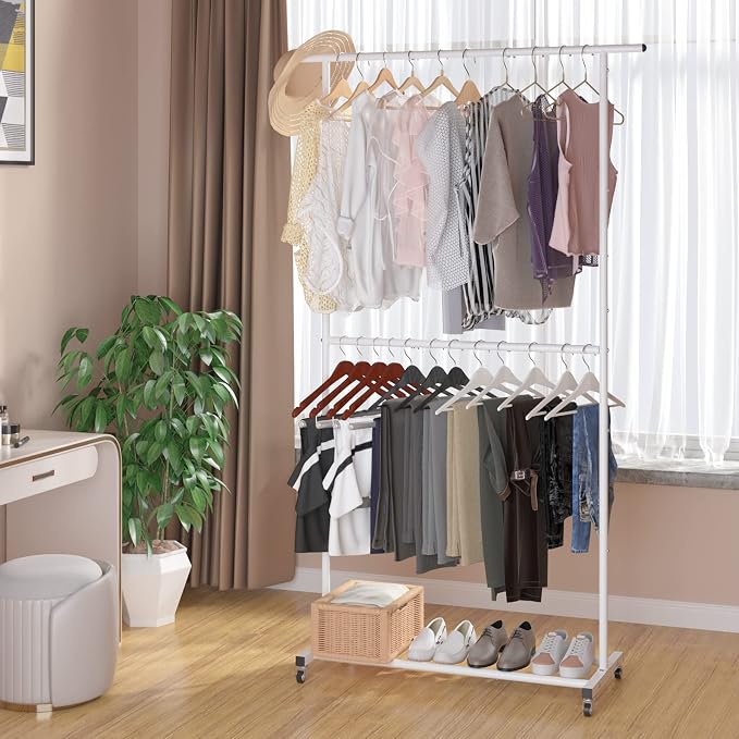Sywhitta Double Rod Clothing Garment Rack, Rolling Clothes Organizer on Wheels - Image 3