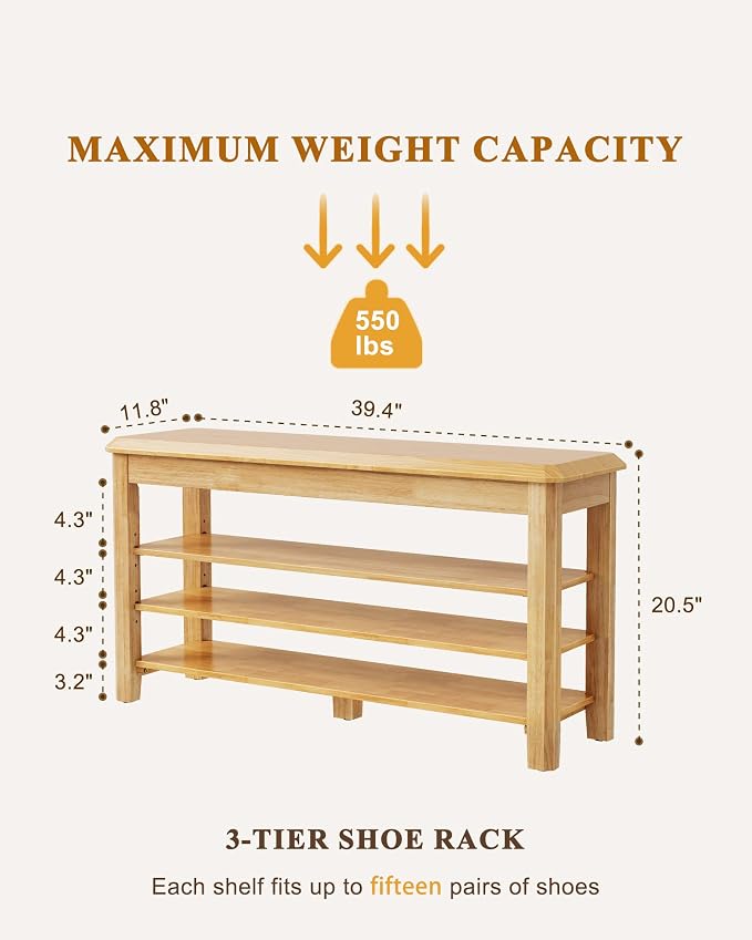 Shoe Rack Bench Seat Rubberwood 3-Tier Wooden Storage Bench 550lbs Compact - Image 2