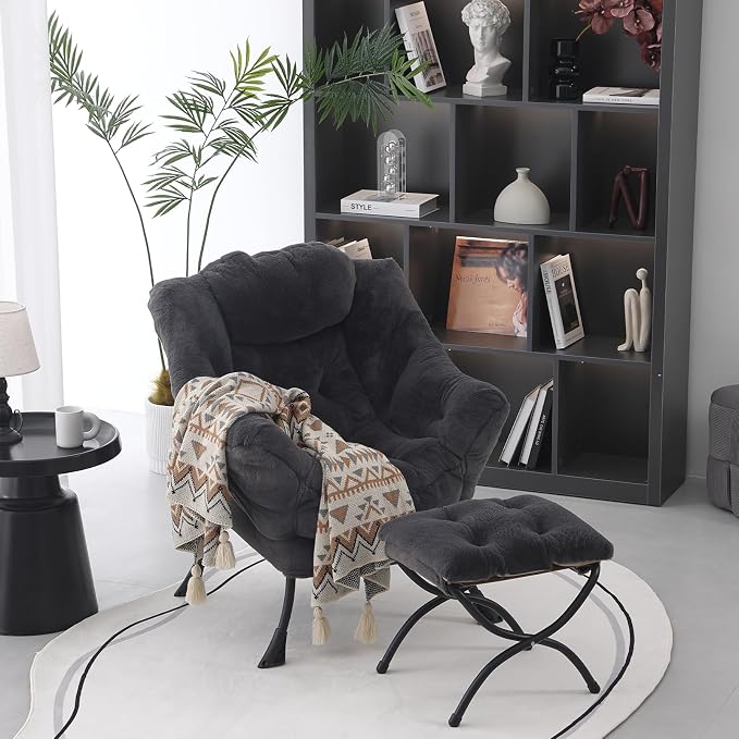 Lazy Chair with Folding Ottoman, Modern Accent Lounge Armchair with Armrests - Image 2