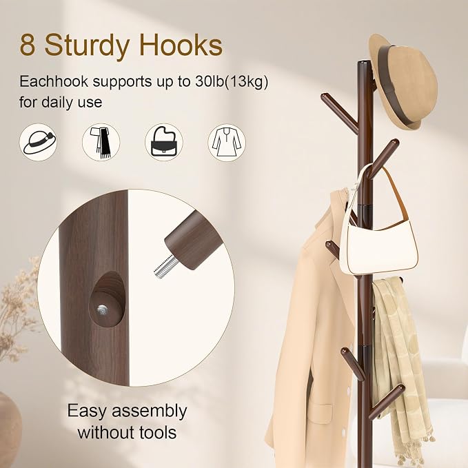 Coat Rack Freestanding with Stable Square Base, Entryway Furniture with 3 - Image 5