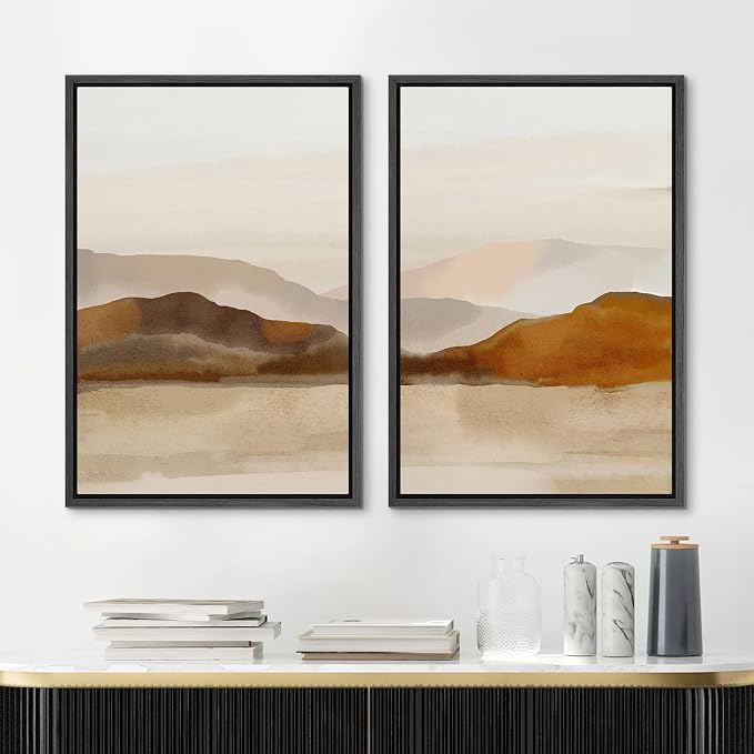 MUDECOR Framed Canvas Print Wall Art Pastel Brown Mountain Range Ocean Lake - Image 2