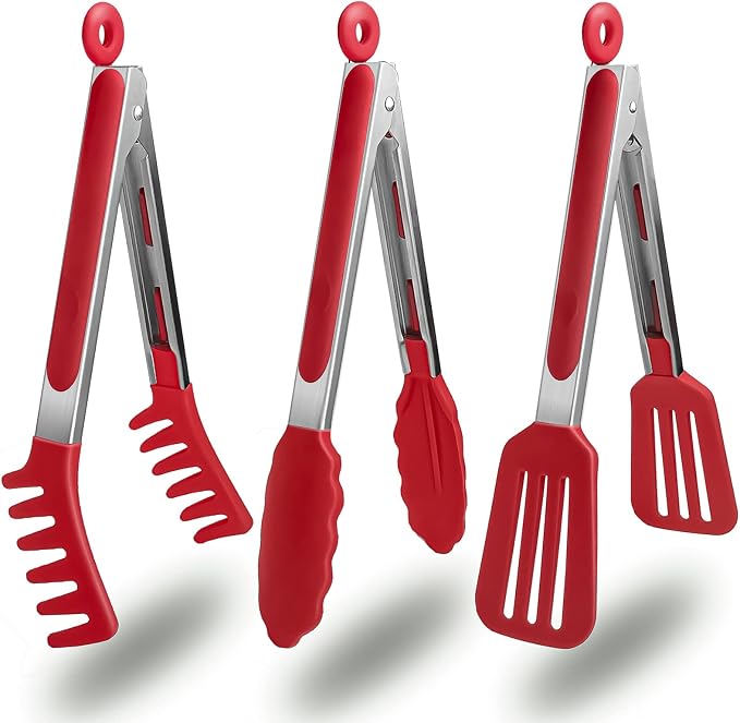 HST 3 Pack Kitchen Tongs, Non Stick Stainless Steel 9 Inch Tongs by HST