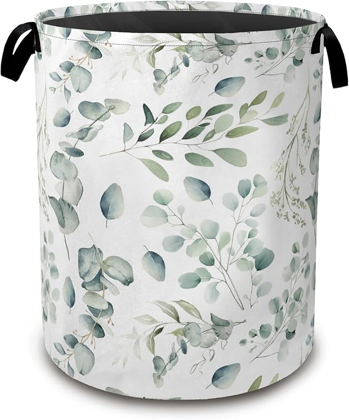 Green Eucalyptus Collapsible Laundry Baskets, Leaves Branches Laundry Hamper by Unknown