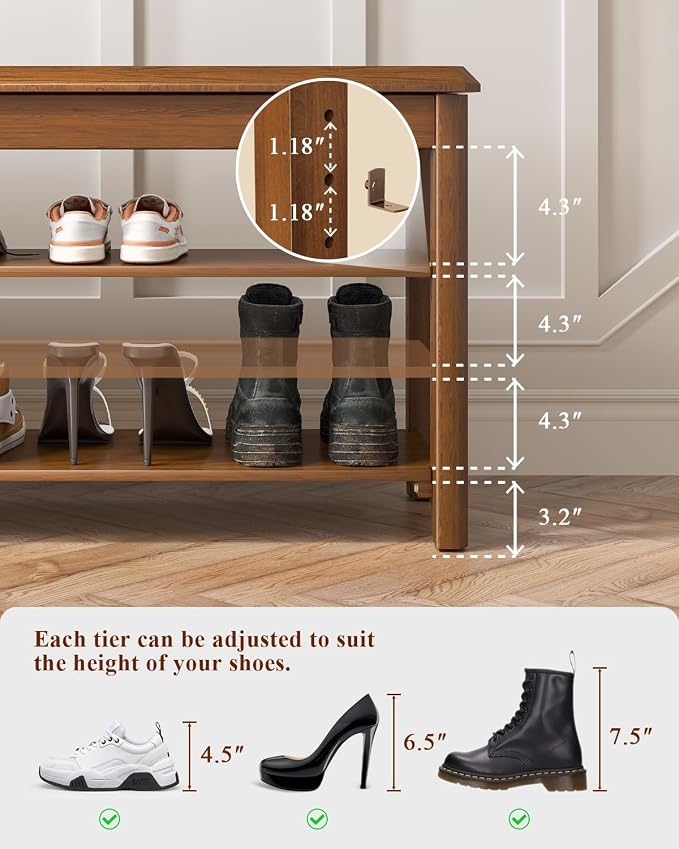 Shoe Rack Bench Seat Rubberwood 3-Tier Wooden Storage Bench 550lbs Compact - Image 3