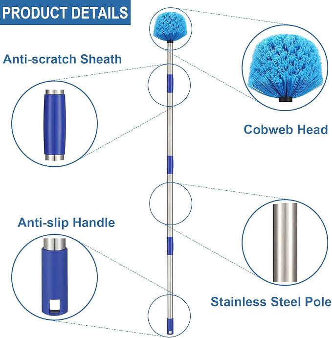 Cobweb Duster with Pole, 4ft Stainless Steel Pole Cobweb Brush with - Image 2