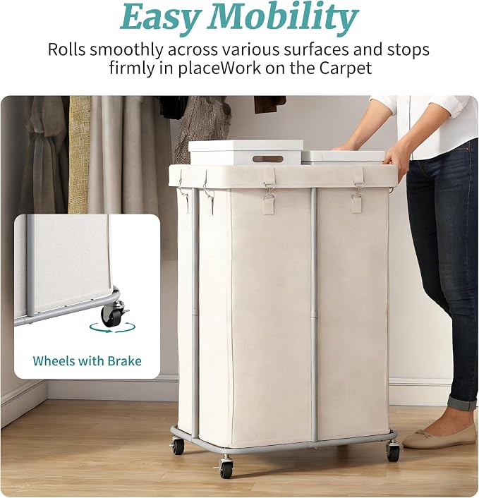 160L Laundry Hamper with Wheels, Rolling Laundry Basket with Metal Frame and - Image 5