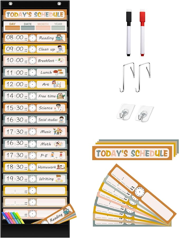 REGELETO Boho 18+1 Pockets Daily Schedule Pocket Chart, Scheduling Pocket Chart by REGELETO