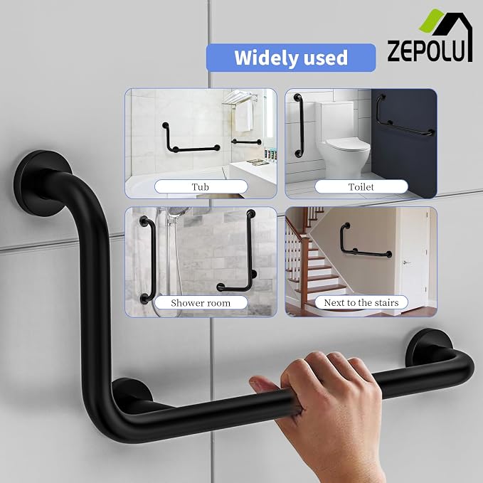 Black L-Shaped Grab Bar 12x24 Inch + Knurled Shower Grab Rail 20 Inch, Zepolu - Image 4