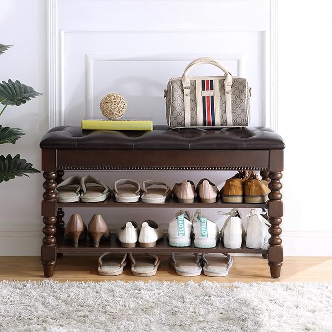 Shoe Storage Bench with Cushion, Entry Bench with Storage Solid Wood Shoe Bench - Image 4
