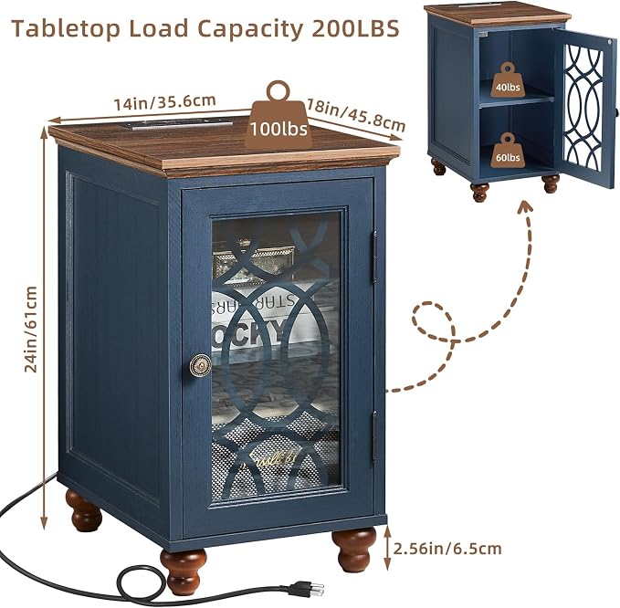 Narrow Side Table with Charging Station, Night Stand with Glass Door, Bedside - Image 2