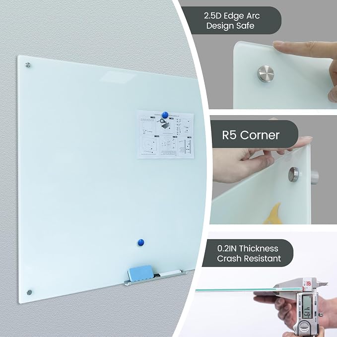 Glass Whiteboard 48"X36" Magnetic Glass White Board Frameless Wall Mounted Dry - Image 3