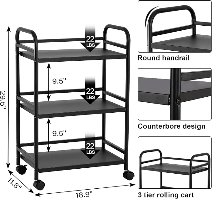 DCLRN 3 Tier Rolling Cart, Storage Organizer Cart, Rolling Metal Organization - Image 2
