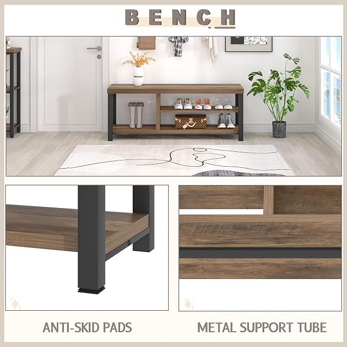 FOLUBAN Shoe Bench for Entryway, Wood and Metal Indoor Bench - Image 6