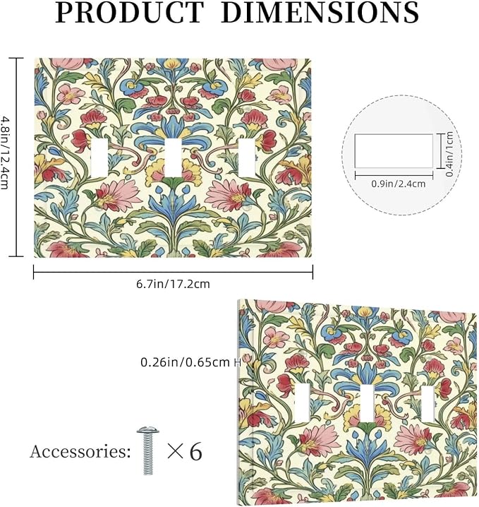 Decorative Switch Plates Boho Red Floral Morris Plant Leaves 3 Gang Wall Plate - Image 5