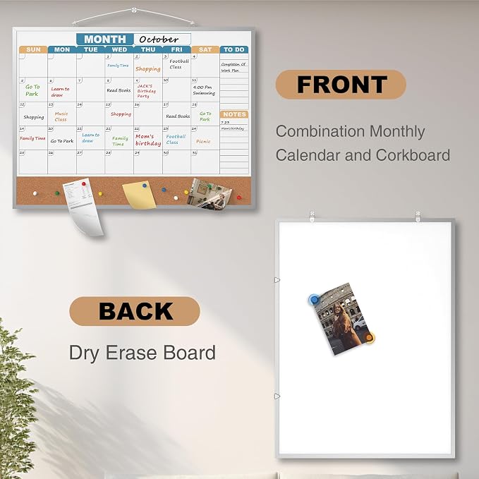 Monthly Calendar Dry Erase Board 24x18 Inch, Double-Sided Whiteboard and - Image 3