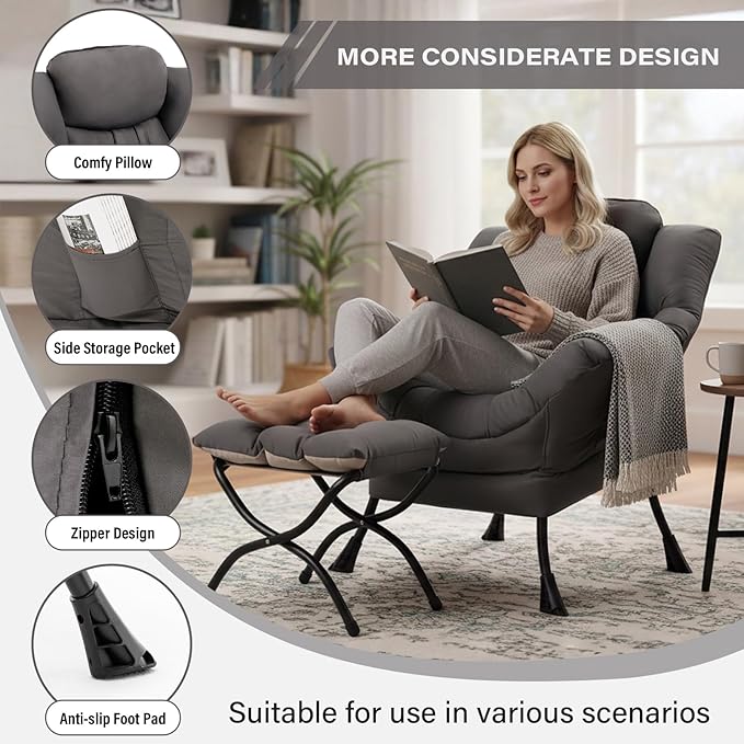 Lazy Chair with Folding Ottoman, Modern Accent Lounge Armchair with Armrests - Image 4