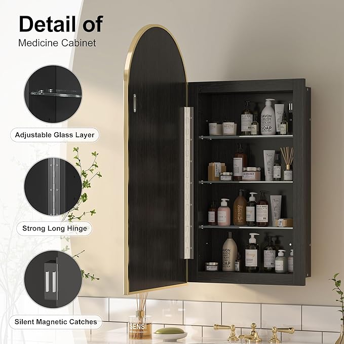Recessed Medicine Cabinet Mirror, Brushed Brass Gold Arched Medicine Cabinet - Image 6