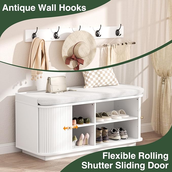 Hall Tree with Bench and Shoe Storage, Entryway Bench with Sliding Door Cabinet - Image 4