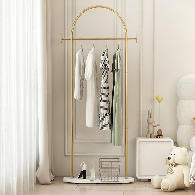 Gold Clothing Rack with Marble Base, Modern Gold Coat Racks Freestanding with 2 - Image 4