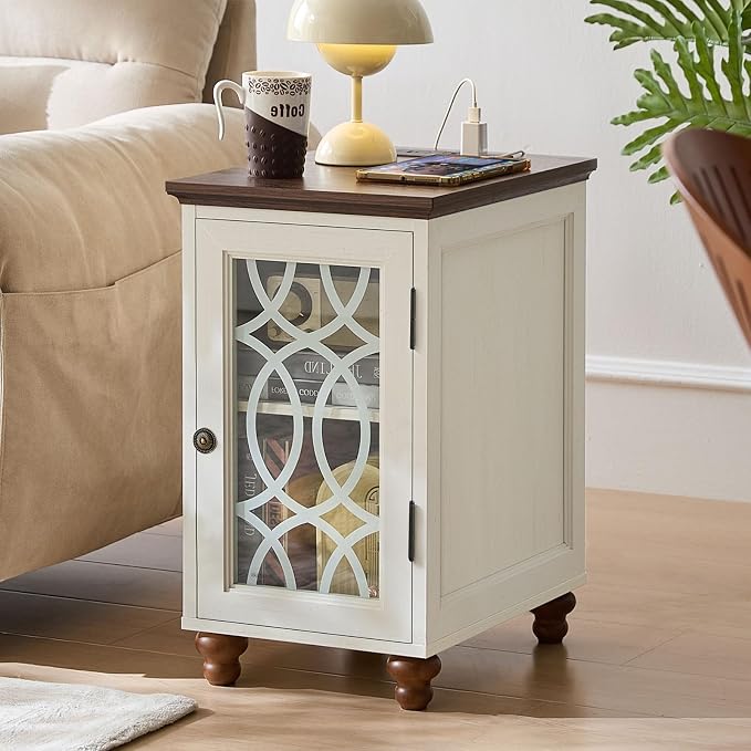 Narrow Side Table with Charging Station Set of 2, Night Stand with Glass Door - Image 5