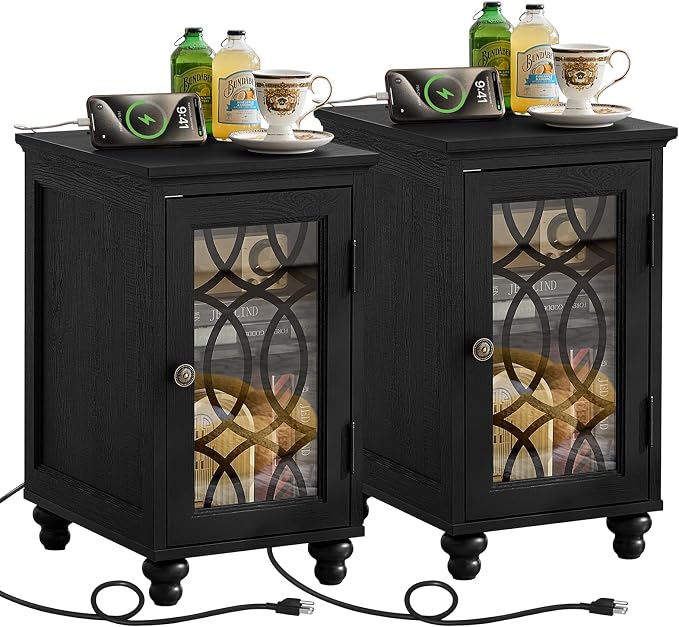 Narrow Side Table with Charging Station Set of 2, Night Stand with Glass Door by Joaxswe
