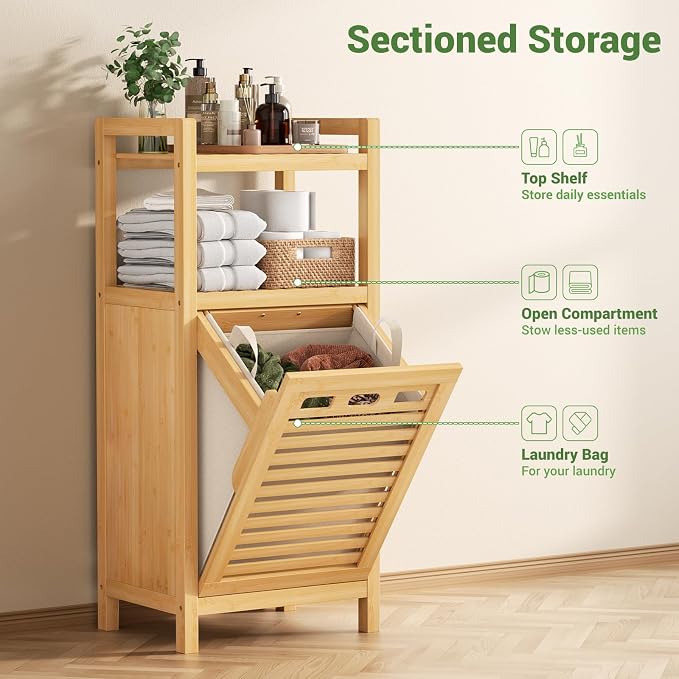 Homykic Tilt Out Laundry Hamper, 10 Gal Bamboo Laundry Storage Cabinet - Field & Grace