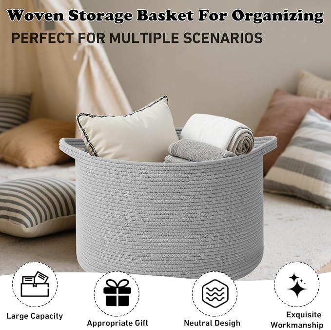 Large Storage Basket with Handle, 19.7" L x 19.7" W x 13" H Blanket Basket - Image 6