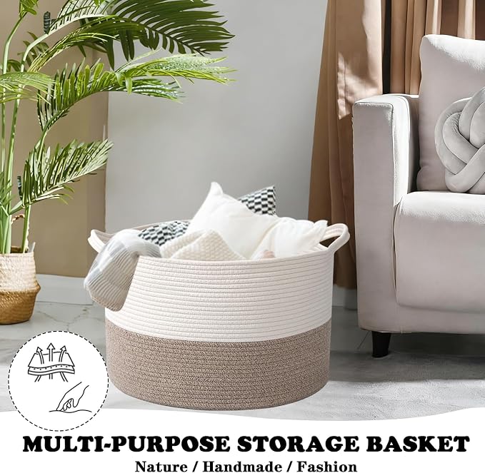Large Storage Basket with Handle, 19.7" L x 19.7" W x 13" H Blanket Basket - Image 5