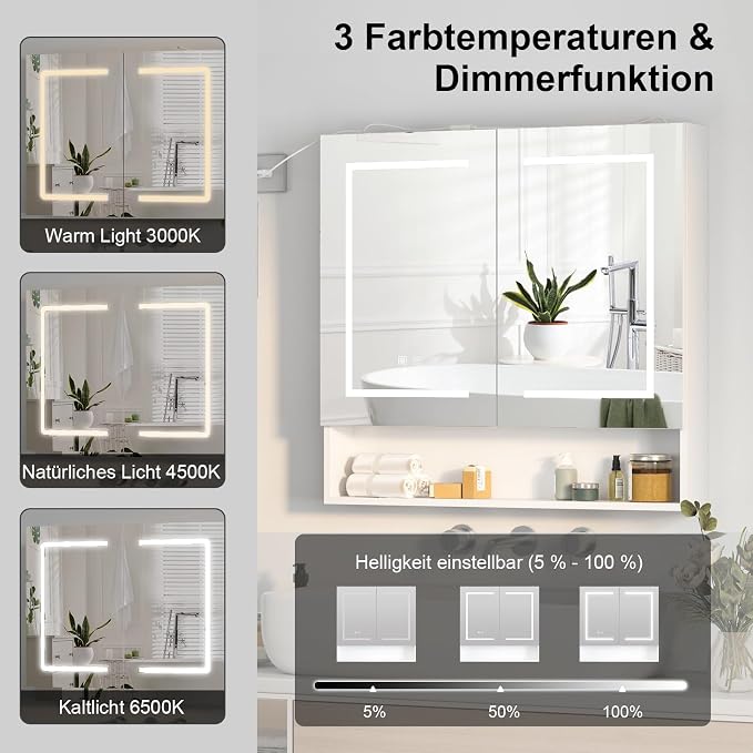 Lighted Medicine Cabinet with 2 Doors, Large Led Medicine Cabinet with Mirror - Image 4