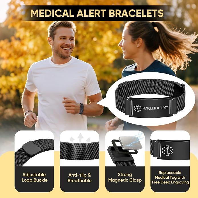 VNOX Medical Alert Id Bracelet for Men Women, Custom Engraving Adjustable - Image 2