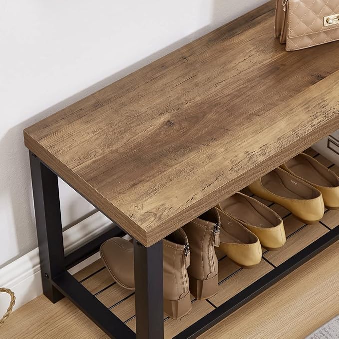 FOLUBAN Entryway Bench, Modern Shoe Storage Bench, Rustic Wood and Metal Entry - Image 5