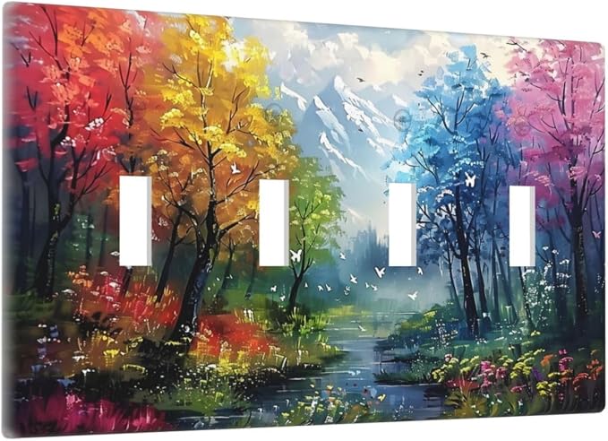 Colorful Forest Snow Mountain River Oil Painting Style Light Switch Covers Quad - Image 2