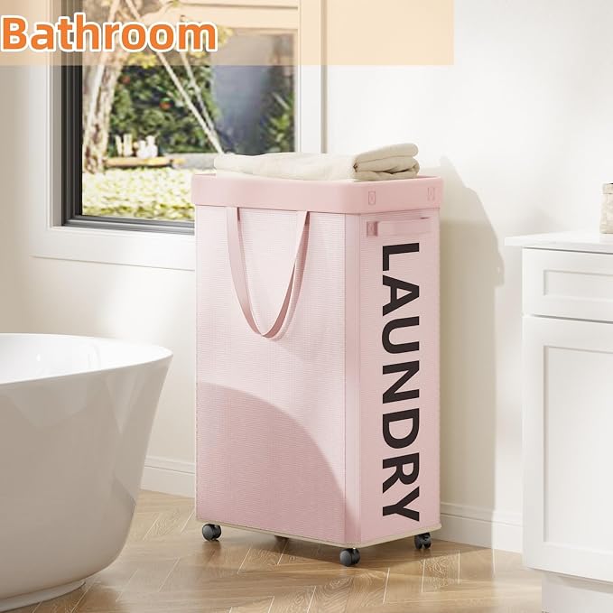 Pink Laundry Basket with Wheels, 90L Rolling Laundry Hamper with Wheels - Image 4
