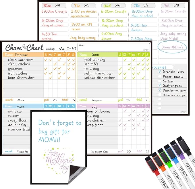 JJPRO Magnetic Dry Erase Chore Chart and Weekly Calendar Set by JJPRO
