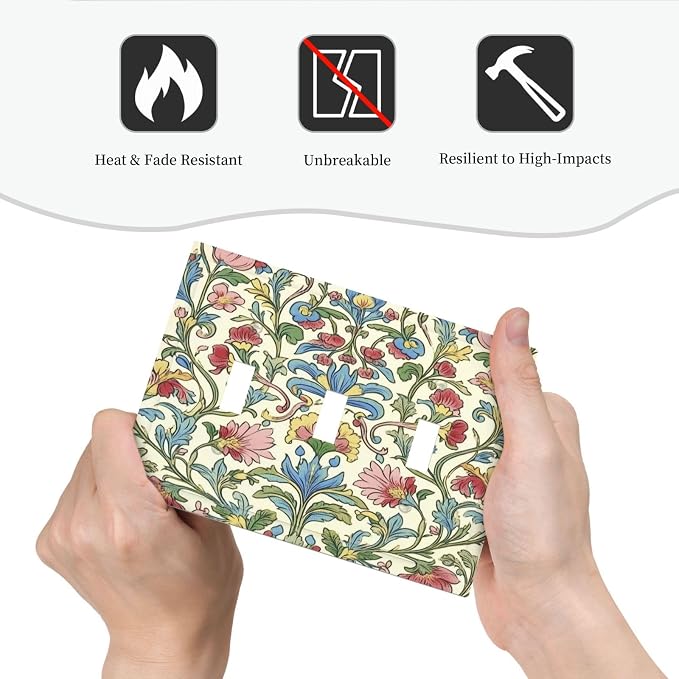 Decorative Switch Plates Boho Red Floral Morris Plant Leaves 3 Gang Wall Plate - Image 6