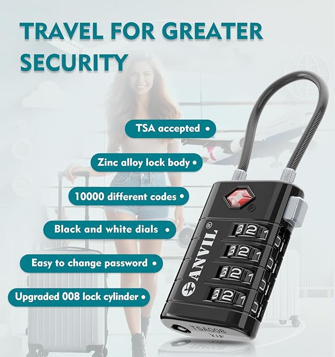 ANVIL TSA Approved Luggage Locks, 4 Digit Combination Travel Suitcase Locks - Image 5
