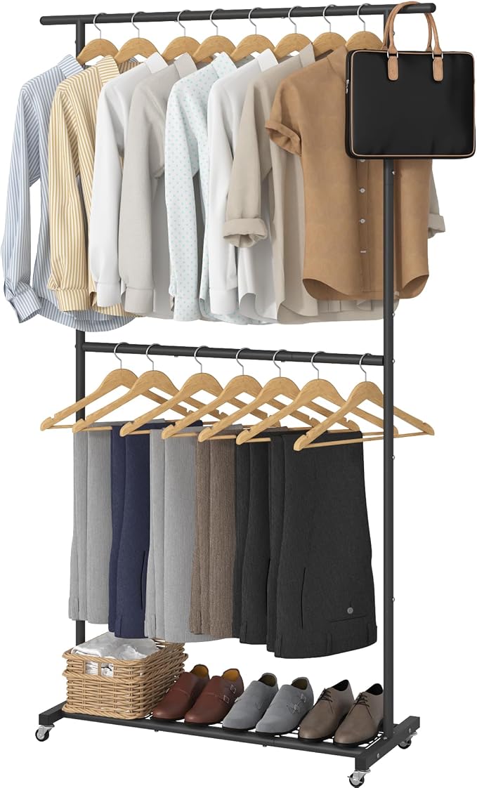 Sywhitta Double Rod Clothing Garment Rack, Rolling Coat Hanger by haseverythingyouneed