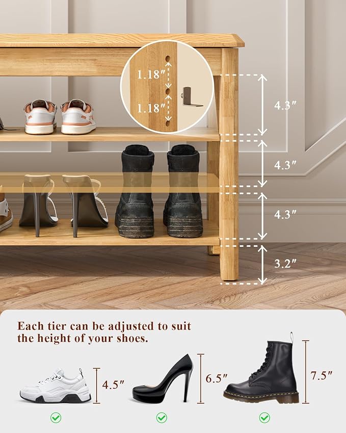 Shoe Rack Bench Seat Rubberwood 3-Tier Wooden Storage Bench 550lbs Compact - Image 3