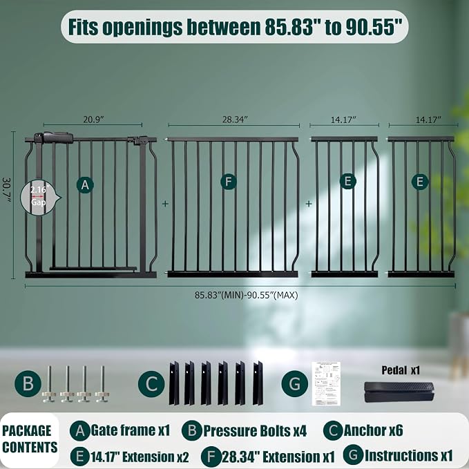 Heavy Duty Baby & Dog Safety Gate, Extra Wide 85.8-90.5 Inch, Pressure Mounted - Image 2