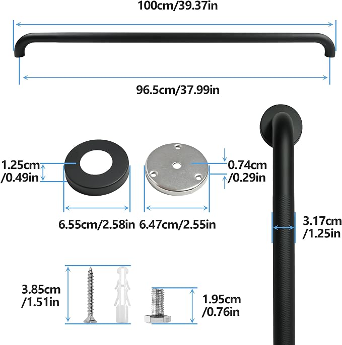 Shower Grab Bar, 2 Pack 39.4 Inch Black Bathroom Grab Bar, 1.25" Diameter 304 - Image 2