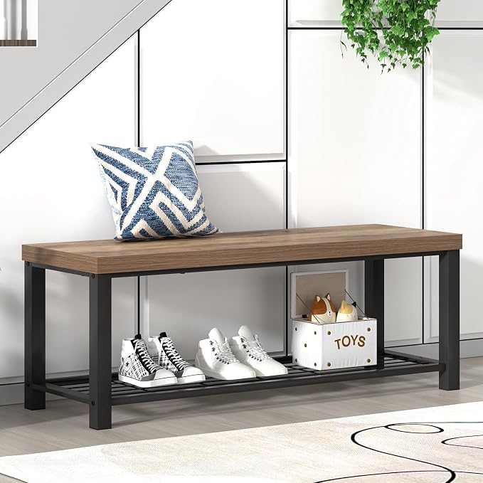FOLUBAN Entryway Bench, Industrial Wood and Metal Storage Bench - Image 3