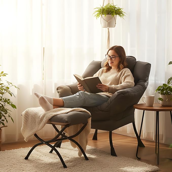 Lazy Chair with Folding Ottoman, Modern Accent Lounge Armchair with Armrests - Image 8