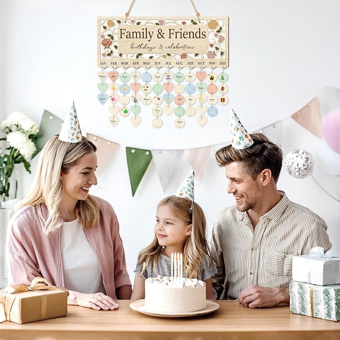 CHDITB Wooden 3D Family Friends Birthday Calendar Wall Hanging, Boho Flowers - Image 5