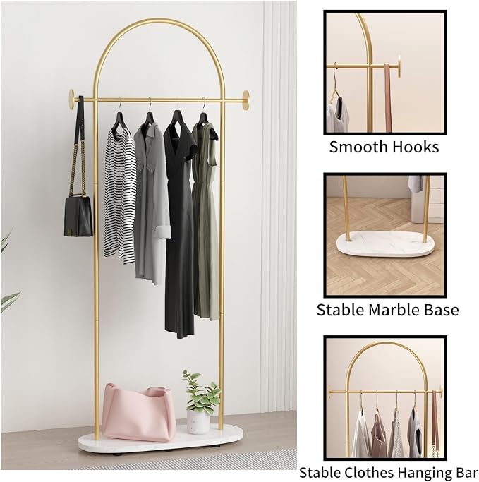 Gold Clothing Rack with Marble Base, Modern Gold Coat Racks Freestanding with 2 - Image 2