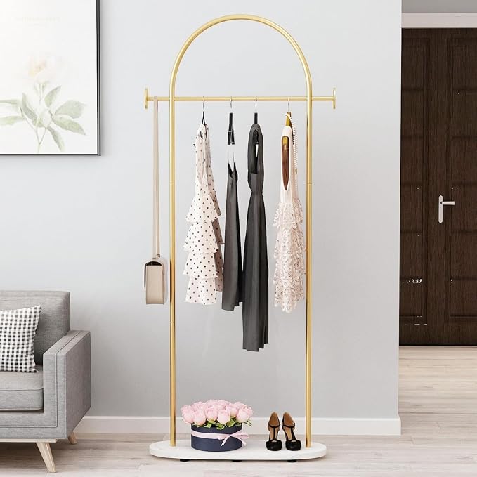 Gold Clothing Rack with Marble Base, Modern Gold Coat Racks Freestanding with 2 - Image 7